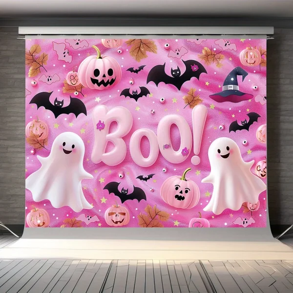 Fondale per feste di Halloween spettrale-Design rosa zucca e fantasma, sfondo fotografico Versatile in poliestere per la decorazione domestica 1