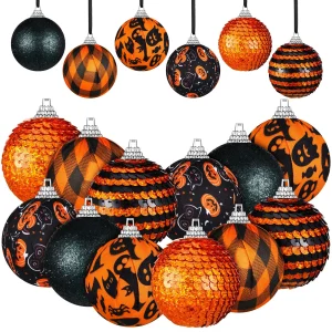 12 Pezzi Ornamento di Halloween per Albero Ornamento di Palla per il Giorno di Halloween Fantasma Glitter Decorazione per Albero con Sfera Nera Arancione per Appendere la Festa 1