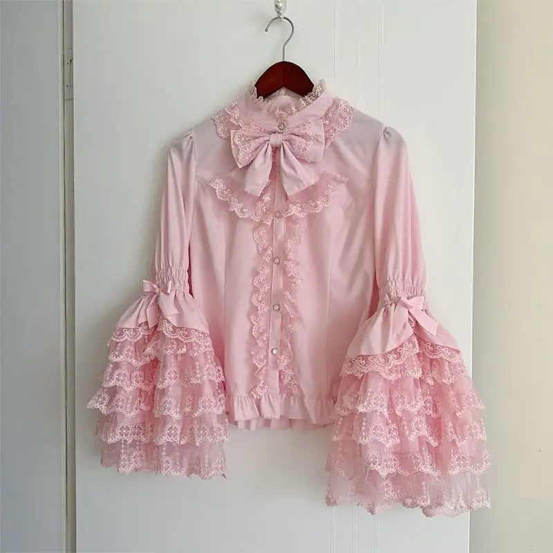 Camicia Lolita gotica e dolce - Camicetta arricciata a maniche lunghe per abiti JSK, top in pizzo per bambole Kawaii con maniche a sbuffo in rosa/bianco 3