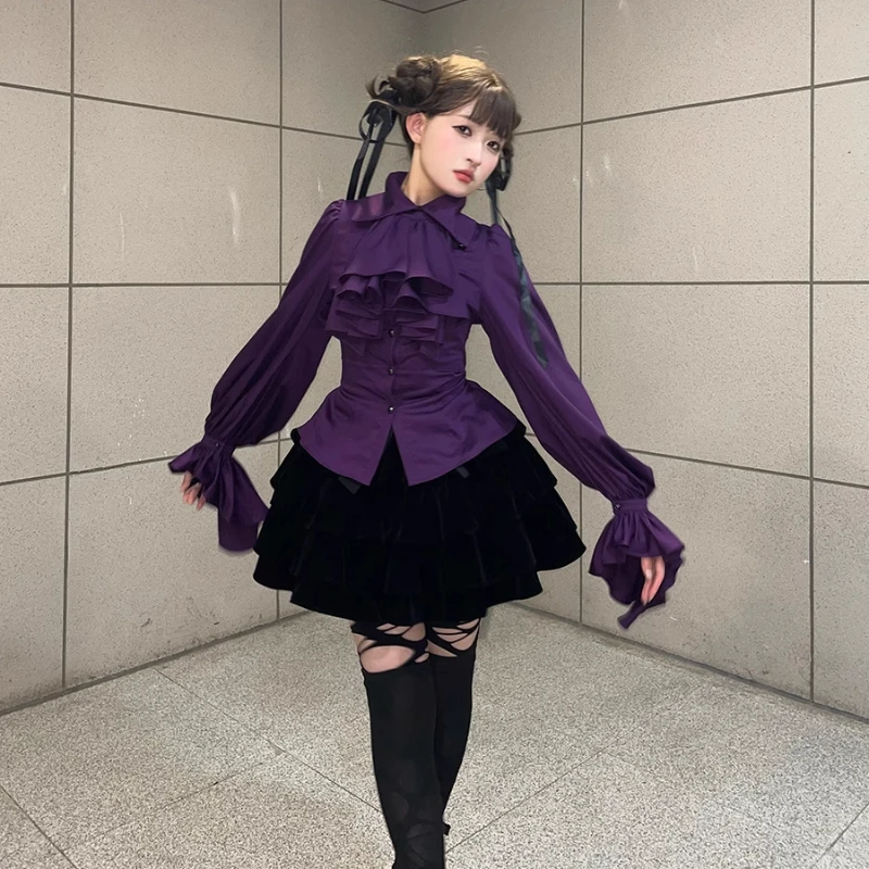 Lolita Dolce Camicetta con maniche svasate Y2k Estetica Ruffle Grunge Camicia aderente Top Donna Harajuku Monopetto Vintage Blusas 6