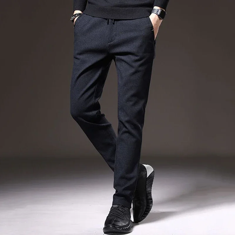 Pantaloni da ufficio termici da uomo autunno inverno pantaloni dritti a gamba stretta classici pantaloni casual con coulisse design allacciato pantaloni in pile addensati 2