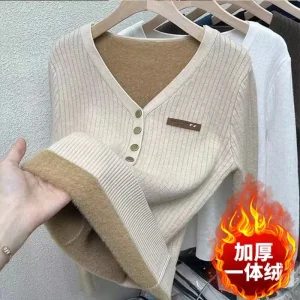 2024 addensare velluto con scollo a v maglione donna moda coreana foderato caldo Sueter Pullover lavorato a maglia Slim Top maglia invernale maglieria Jumpe 1