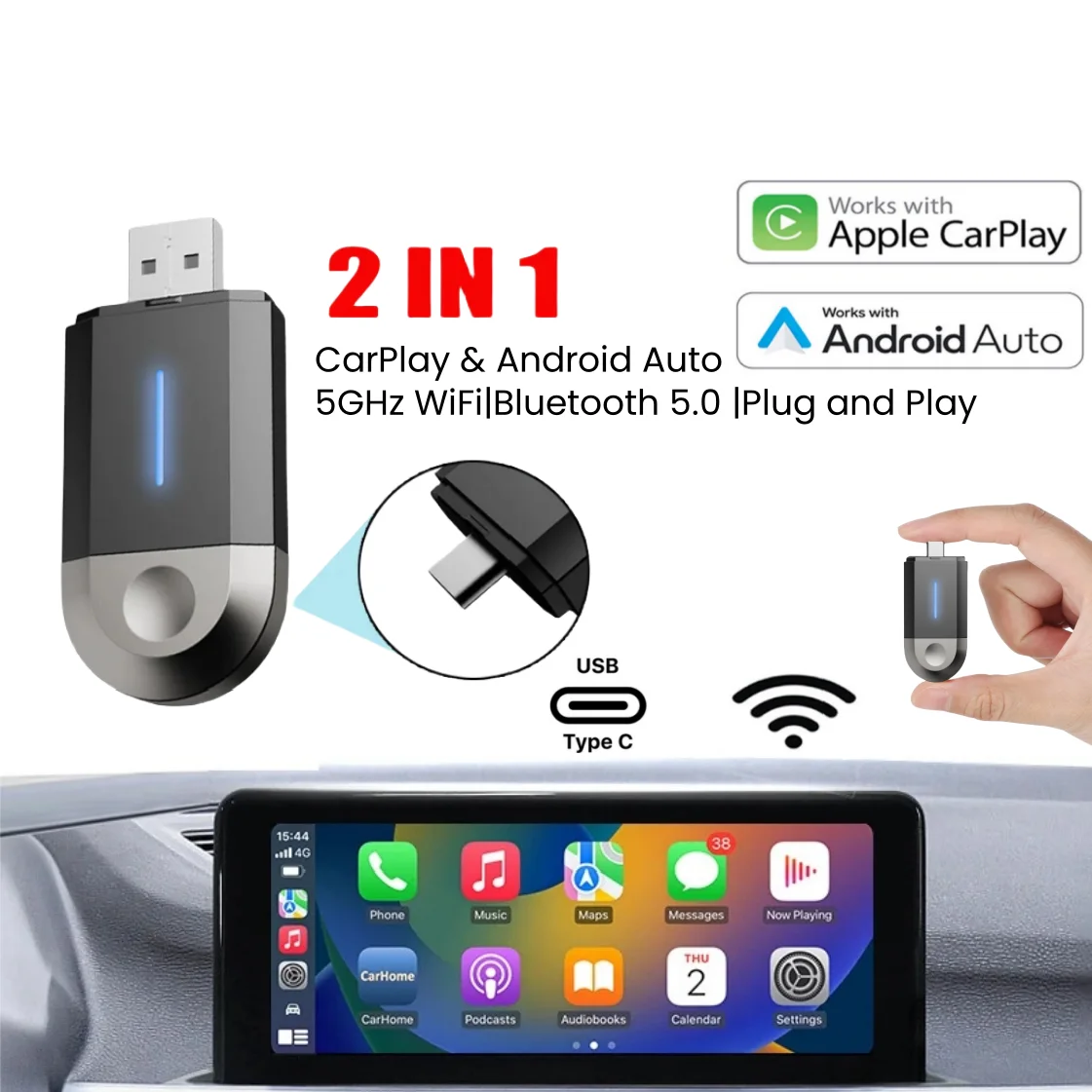 Phoebus Link 2 in 1 Mini Carplay Adattatore wireless integrazione senza soluzione di continuità Android Auto Per Apple USB Type-C Dongle in auto universale 1