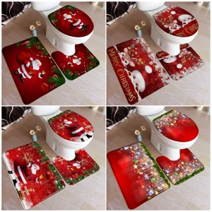 Set tappetino da bagno natalizio rosso Babbo Natale Alce Ramo di pino verde Palla di Natale Tappeto per la casa Tappeti antiscivolo per decorazioni per il bagno Copriwater 1