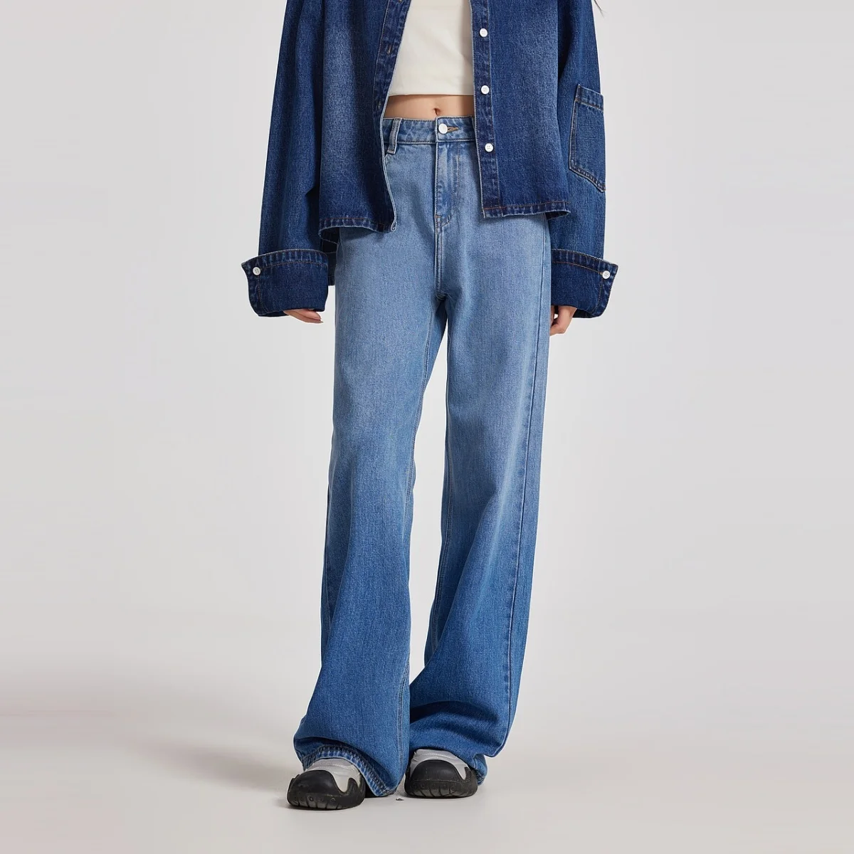 Metersbonwe Jeans denim a gamba dritta sfumati lavati da donna Pantaloni dimagranti a vita alta non elasticizzati Autunno Inverno Pendolari 1