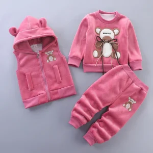 Nuovi set di abbigliamento in pile per bambini invernali autunno ragazzi ragazze cotone spesso caldo maglione con cappuccio pantaloni orso cartone animato 3 pezzi vestito per bambini 0-4Y 1