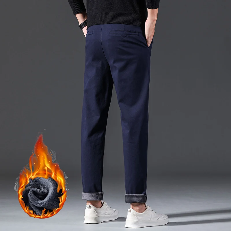 Pantaloni invernali da uomo casual stile classico da lavoro in peluche caldi pantaloni di pelliccia spessi regolari pantaloni formali dritti elastici in pile maschile 6