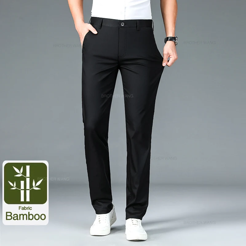 Pantaloni Casual da uomo in tessuto in fibra di bambù estate nuovi pantaloni da lavoro dritti morbidi elastici ultrasottili classici neri kaki grigi 2