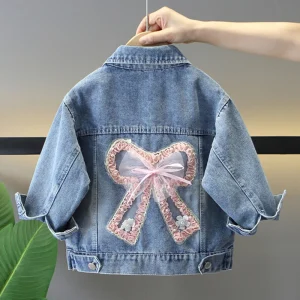 Cappotto di jeans per ragazze adolescenti primavera autunno abbellimento di perle giacca di moda con nodo a fiocco per 3 4 5 6 8 10 12 anni capispalla Casual per bambini 1
