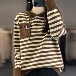 Maglione invernale in pura lana moda morbido autunno femminile nuove donne colletto con cappuccio striscia pullover cashmere sciolto casual maglia base top 1