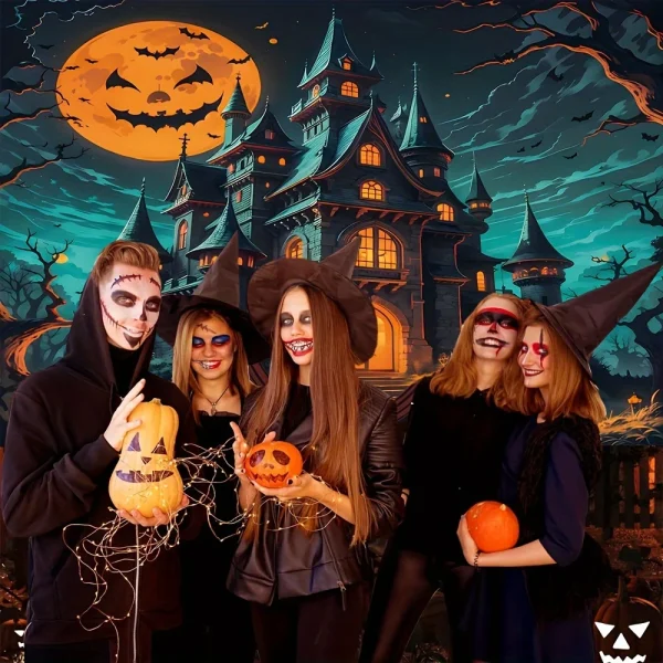 Sfondo castello di Halloween decorato con ornamenti di zucca e pipistrelli - decorazione per feste a tema 2