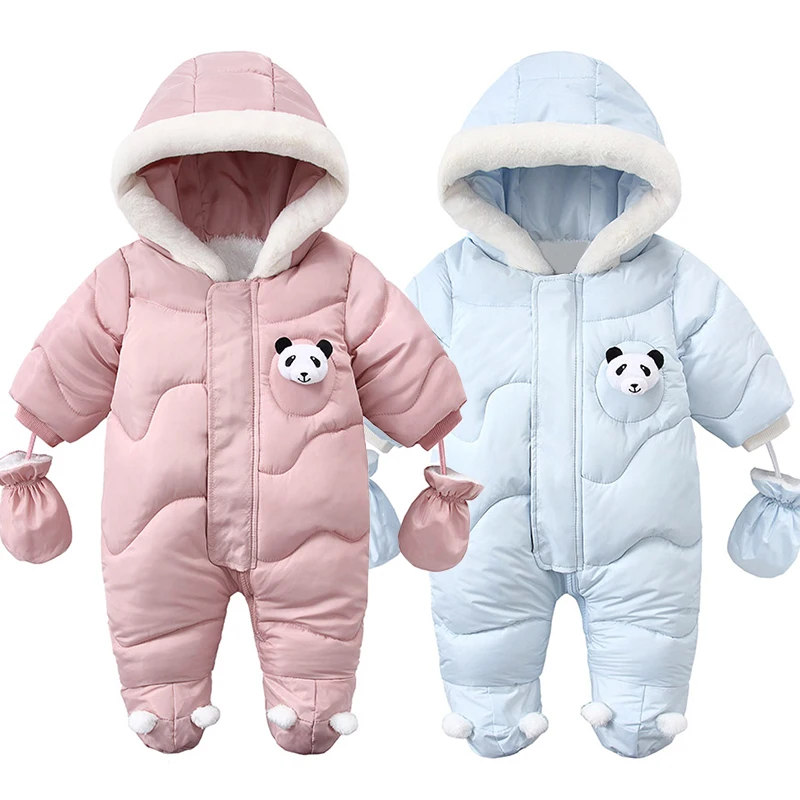 Cappotto invernale per bambini Simpatico panda pagliaccetto con guanti Neonato in cotone più velluto caldo tuta per bambini con cappuccio Set di abbigliamento infantile 0-18M 1