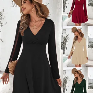 Abito avvolgente autunno inverno 2025 da donna - Abito aderente corto senza maniche a trapezio, mini abito a maniche lunghe tinta unita 1