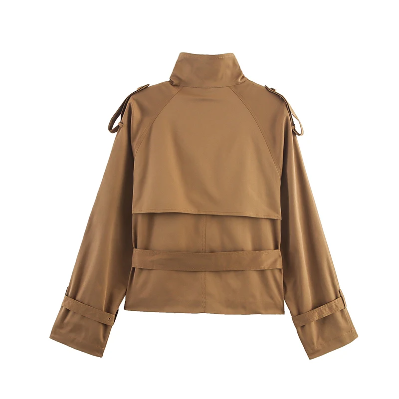 YENKYE Vintage doppio petto con cintura giacca a vento corta per donna manica lunga collo alto moda elegante cappotto femminile da strada 5