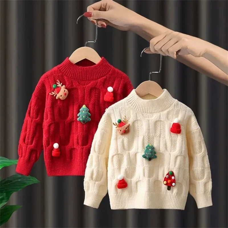 Maglione da ragazza di Natale Nuovo cartone animato per bambini Maglione caldo Bambini Autunno Inverno Maglieria Pullover Abbigliamento spesso per bambini 2-8 anni 3