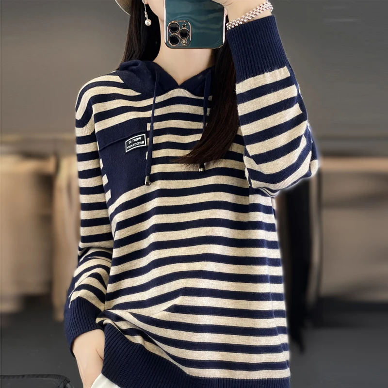 Maglione invernale in pura lana moda morbido autunno femminile nuove donne colletto con cappuccio striscia pullover cashmere sciolto casual maglia base top 2