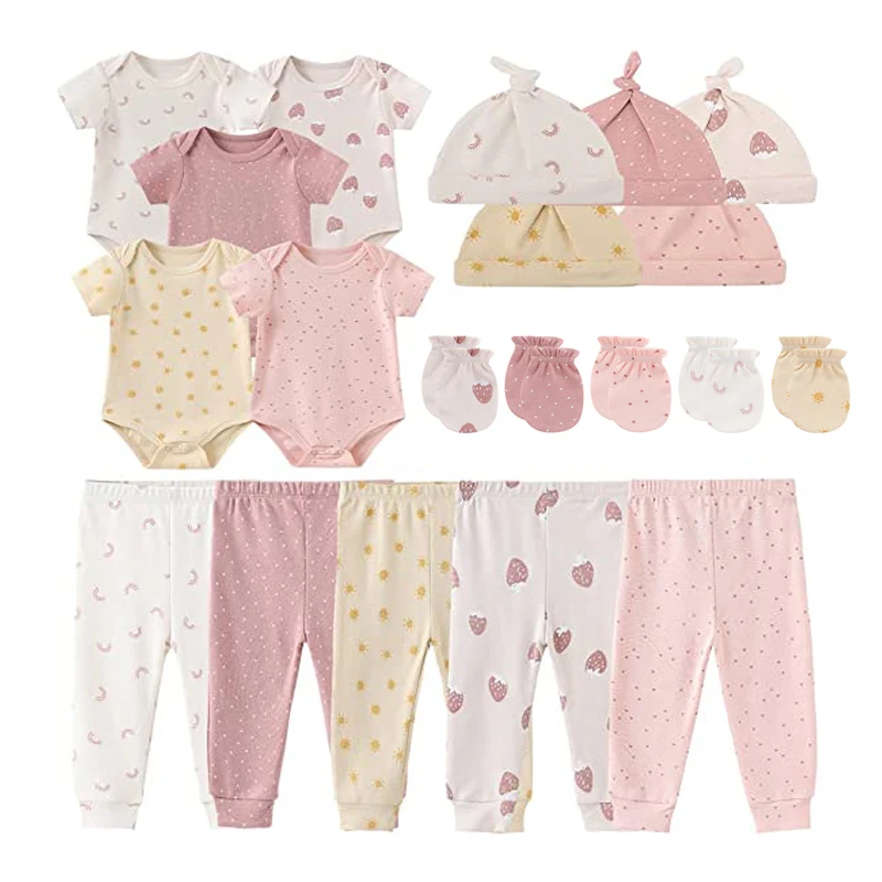 8/19/20PCS Cotone Neonato Vestiti Della Ragazza Del Fumetto Tute + Pantaloni + Cappelli + Guanti Set Stampa Del Bambino Del Ragazzo Vestiti di Colore Solido Bebes 3