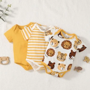 3PCS Bundle pagliaccetto neonato Plain Striped Animal Print Shorts Sleeve tuta Set abbigliamento estivo per bambino Boy1-18 mesi 1