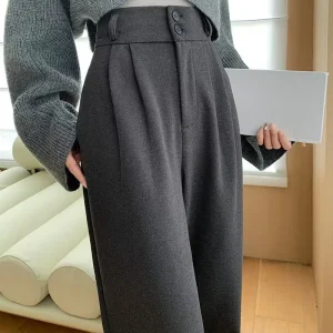 Pantaloni a gamba larga da donna in lana a vita alta autunno inverno 2025 Nuovo bottone coreano casual pantaloni larghi dritti a figura intera femminile 1
