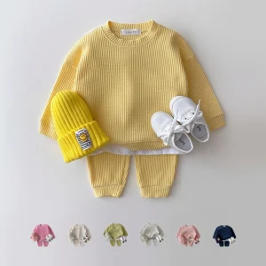 2023 Corea Del Bambino Del Bambino Set di Abbigliamento Per Neonati maschi Vestiti Set Mock in Due Pezzi Waffle Felpa di Cotone + Pantaloni 2 Pezzi Vestito 1