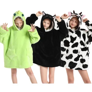 Inverno caldo pile un pezzo felpe con cappuccio bambini oversize felpa con cappuccio indossabile TV coperte ragazzi mucca rana cane Kigurumi felpa con cappuccio 1
