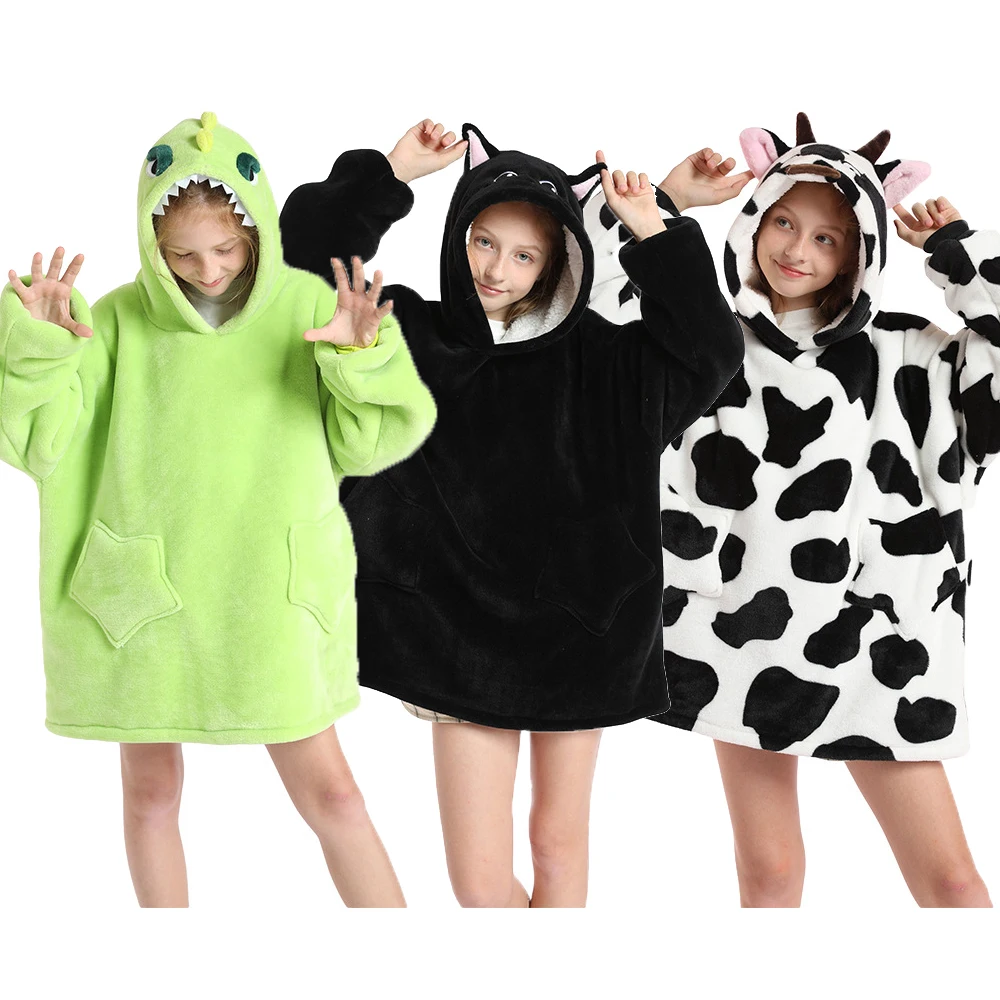 Inverno caldo pile un pezzo felpe con cappuccio bambini oversize felpa con cappuccio indossabile TV coperte ragazzi mucca rana cane Kigurumi felpa con cappuccio 1