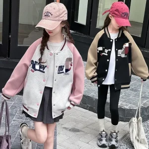 Giacca da baseball per ragazze autunnali 4-14 2025 nuovo cappotto casual per bambini junior soprabito cardigan allentato americano per bambini 1