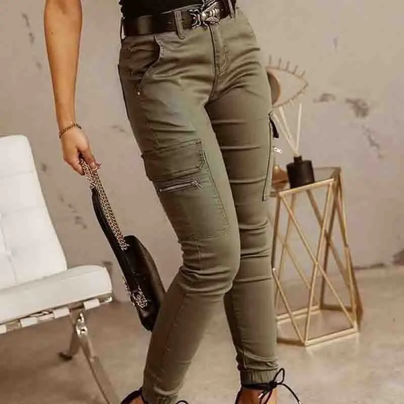 Pantaloni da lavoro di nuova moda donna primavera autunno slim casual cotone verde kaki donna pantalone matita pantaloni cargo donna 26211 4