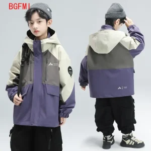 Primavera Autunno Bambini Patchwork Cappotto con cappuccio Ragazzi Manica lunga Casual Giacca per adolescenti Cappotto con cerniera allentata per bambini Abbigliamento per bambini 4-14 anni 1