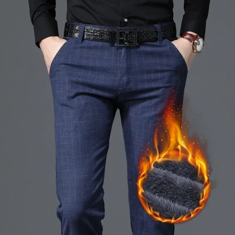 Pantaloni in pile da uomo invernali nuovi pantaloni da lavoro casual alla moda scozzesi elasticizzati dritti più spessi abbigliamento di marca maschile blu nero 1