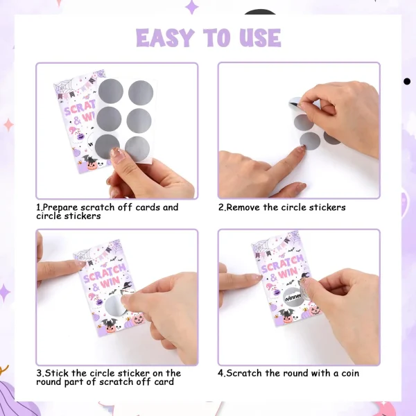 1 set da 50 confezioni di carte da grattare per Halloween rosa viola biglietti da gioco per feste lotteria premio rifa con carino 5