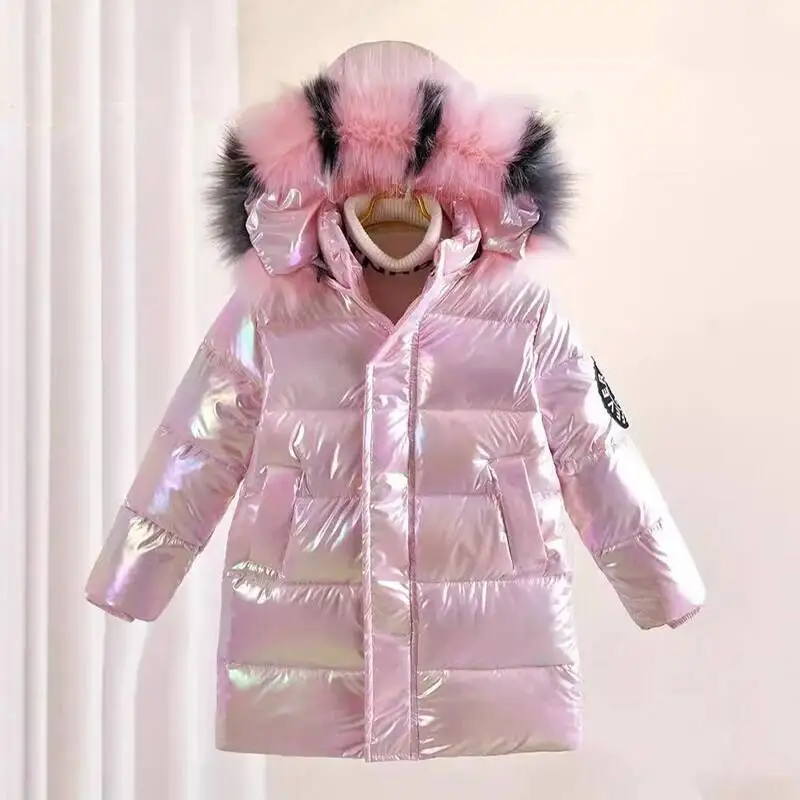 Inverno Ragazze Lucido Con Cappuccio Piumino Collo di Pelliccia Cappotto Antivento Adolescente Tuta Sportiva Per Bambini Parka Snowsuit Abbigliamento Nuovo 5-14 Anni 5