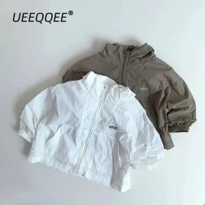 Primavera Estate Bambini Giubbotti 1-8Y Ragazzi Ragazze Protezione solare Con cappuccio Lettera Cappotti con cerniera Coreano Top Bambino Tuta sportiva Abbigliamento per bambini 1
