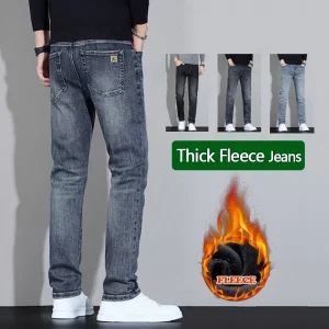Jeans in velluto spesso in pile invernale da uomo Pantaloni americani slim fit caldi elastici Pantaloni casual semplici in denim alla moda comodi 1