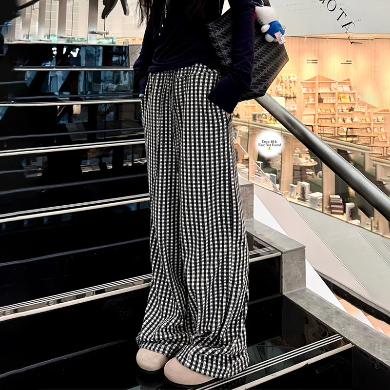 Pantaloni dritti scozzesi rosa da donna autunno inverno Pantaloni a gamba larga con coulisse a vita alta 2025 Harajuku Y2K Abiti da donna da strada 6