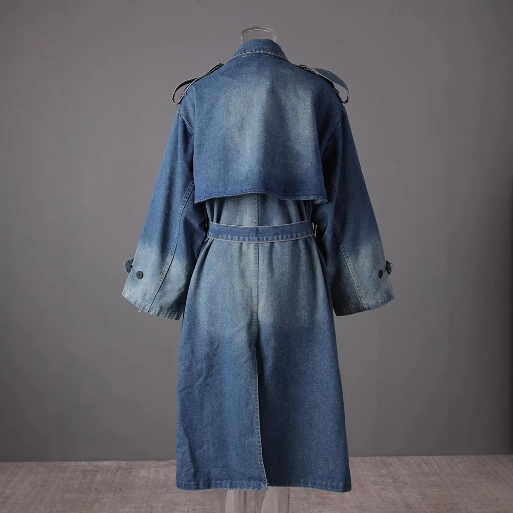 SuperAen 2025 Autunno e Inverno Nuovo Trench di jeans impiombato per le donne Cappotti lunghi casual oversize blu retrò allentati 4