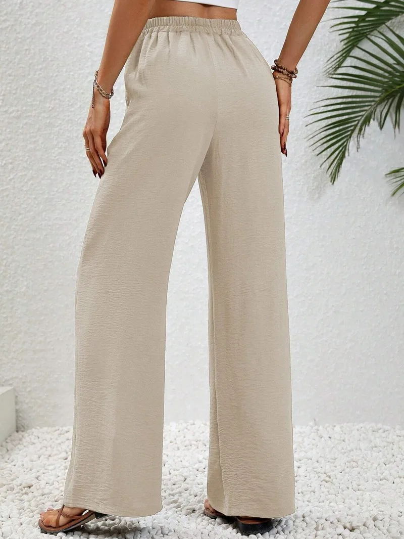 Pantaloni da donna a gamba dritta in vita elastica sul davanti con tasca semplice, pantaloni casual a gamba larga a vita alta per l'uso quotidiano, pantaloni larghi 2
