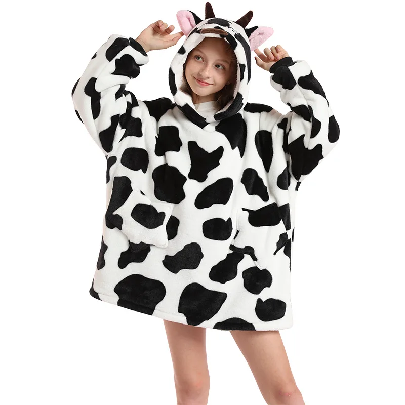Inverno caldo pile un pezzo felpe con cappuccio bambini oversize felpa con cappuccio indossabile TV coperte ragazzi mucca rana cane Kigurumi felpa con cappuccio 2