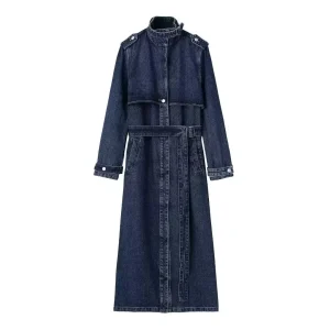 Elegante cappotto lungo stile denim con cintura Cappotto stile business casual da donna transfrontaliero 1