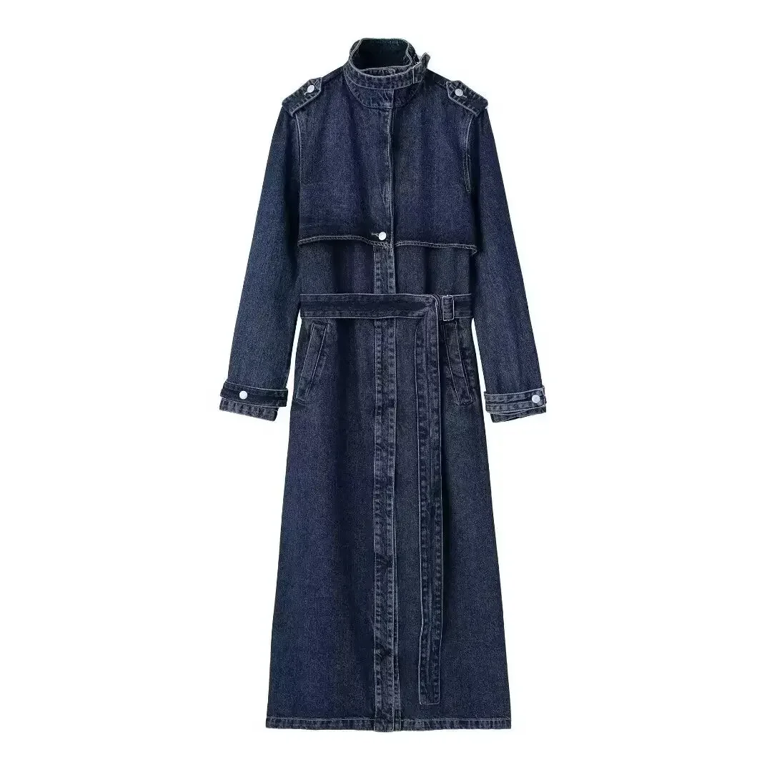 Elegante cappotto lungo stile denim con cintura Cappotto stile business casual da donna transfrontaliero 1