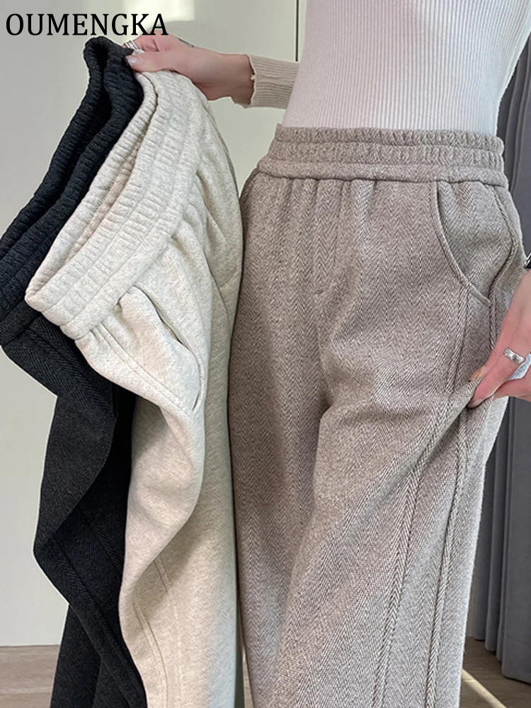Pantaloni a spina di pesce Pantaloni staight da donna Autunno Inverno Pantaloni da donna casual a vita alta da ufficio Pantaloni da abito spessi per le donne 3