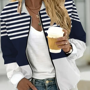 Primavera e autunno nuova moda donna stampa a righe cerniera capispalla giacca da donna casual manica lunga maglia da baseball Top 1