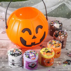 Kit di melma di Halloween - 6 scatole di melma di burro con secchio di zucca, barattolo di caramelle, giocattoli da spremere antistress, bomboniera di Halloween 1
