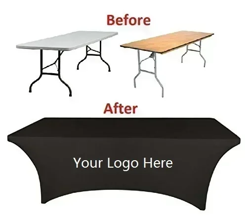 DD 4ft 6ft 8ft Logo personalizzato Spandex Copritavolo Tovaglia elasticizzata Hotel Banchetto Bancone espositivo di nozze Tovaglia decorativa 3