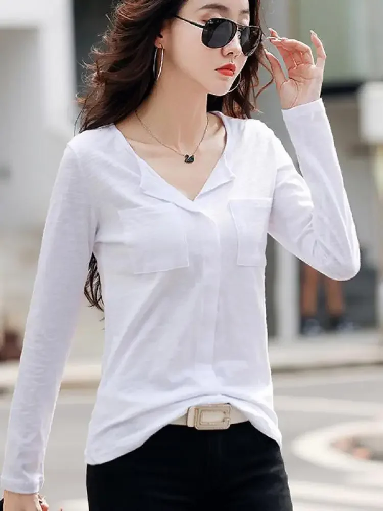 2025 manica lunga autunno inverno donna fiammato cotone magliette femminile verde scollo a V tinta unita T-shirt caffè coreano morbido allentato top 5