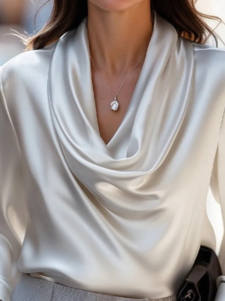 Bonboho Heaps Colletto a maniche lunghe Camicetta da donna Tinta unita Vestibilità ampia T-shirt elegante 2025 Top da pendolare alla moda per donna 2