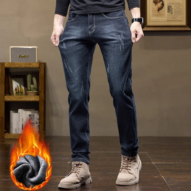 Jeans caldi in pile invernale da uomo nuovi Pantaloni casual dritti lavati da lavoro Pantaloni in denim maschile versatili elasticizzati termici ispessiti 4