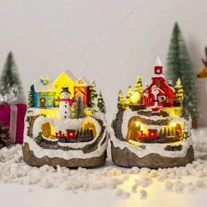 Villaggio di case di Natale Carillon elettrico Glowing Christmas Snow Village Casa di Babbo Natale Ornamenti in miniatura Decorazioni natalizie 1
