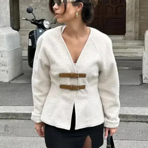 HH Cappotto di lana con fibbia in pelle retrò Moda donna Solido scollo a V Manica lunga Giacca beige Autunno Primavera Chic Streetwear femminile 1