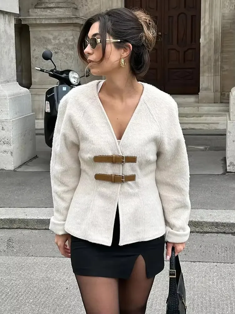 HH Cappotto di lana con fibbia in pelle retrò Moda donna Solido scollo a V Manica lunga Giacca beige Autunno Primavera Chic Streetwear femminile 1